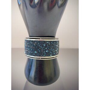 Vintage BRIGHTON Silver Navy Blue Crystal Hinged Cuff Bracelet Stainless Steel